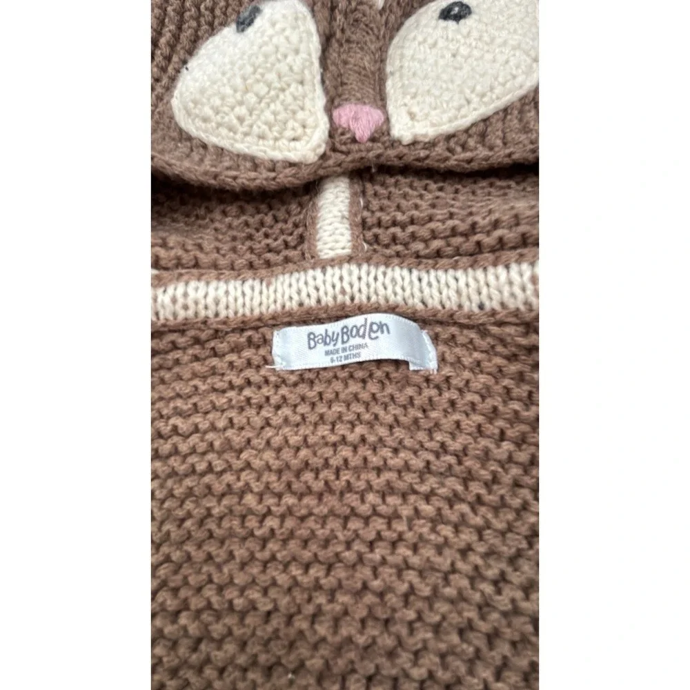 Baby Boden Brown Fox Applique Hooded Cotton Blend‎ Knit Sweater-6-12 Months